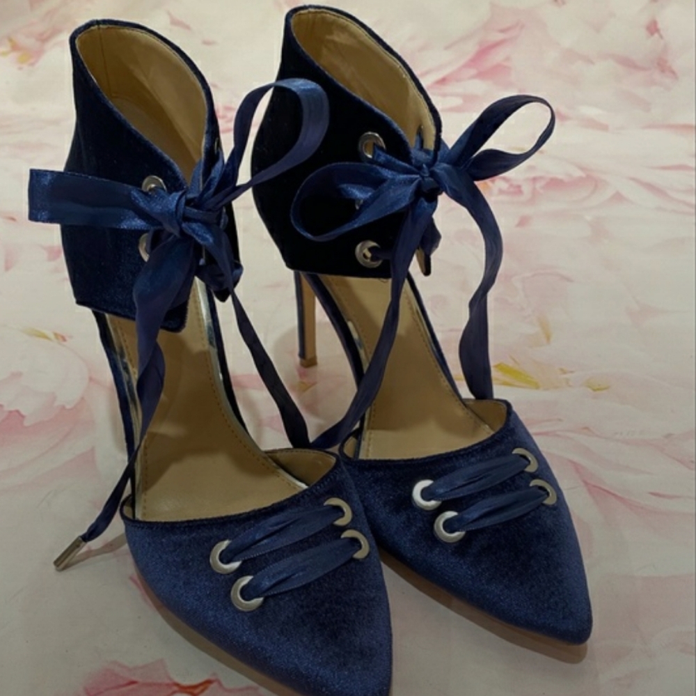 Jewel Badgley Mischka LALUNA Blue Velvet Stilettos